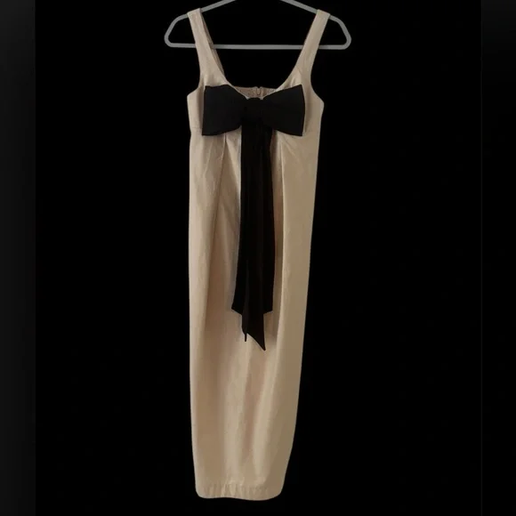 maeve bow barrel column midi dress Maeve Sleeveless Bow-front Barrel Column Midi Dress In Multicolor